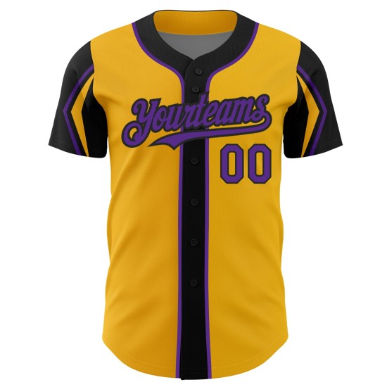3 Colors Jersey Custom Baseball Purple-Black Arm Gold Shapes Authentic