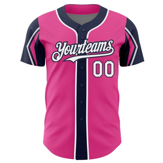 Pink Custom Colors Authentic White-Navy 3 Baseball Shapes Arm Jersey