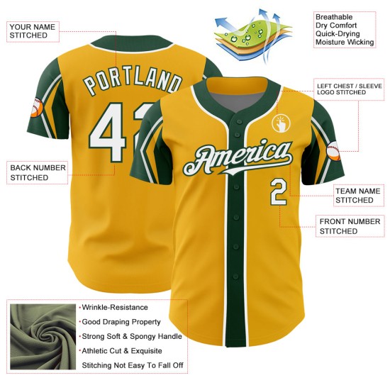 Jersey Authentic Gold Custom Colors Shapes Arm Baseball 3 White-Green