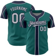 3 Custom Jersey Baseball Teal Colors Arm Shapes Gray-Navy Authentic