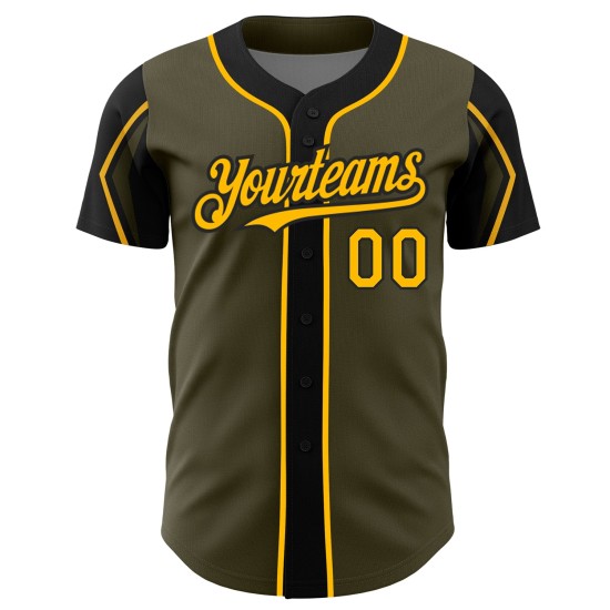 3 Custom Authentic Colors Service To Shapes Salute Arm Gold-Black Baseball Jersey Olive 3 Custom Authentic Colors Service To Shapes Salute Arm Gold-Black Baseball Jersey Olive