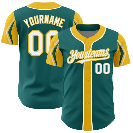 3 Baseball Jersey Colors White-Yellow Shapes Arm Teal Custom Authentic