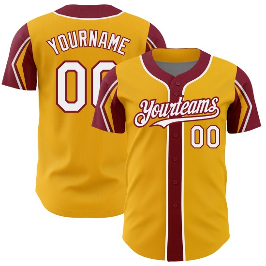 Custom 3 Baseball White-Crimson Shapes Gold Jersey Arm Authentic Colors
