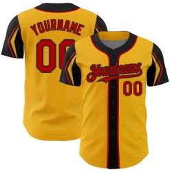 Red-Black Shapes Authentic Jersey Custom Arm 3 Gold Colors Baseball