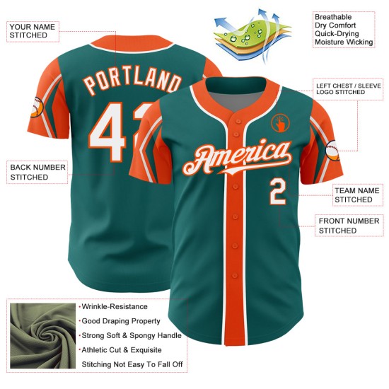 Teal Arm Authentic 3 Jersey Baseball Custom Shapes White-Orange Colors