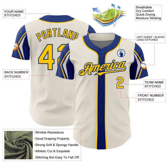 Custom Baseball 3 Shapes Colors Yellow-Royal Arm Authentic Cream Jersey