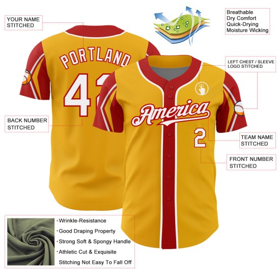 Authentic Baseball 3 Gold Colors Arm White-Red Jersey Shapes Custom