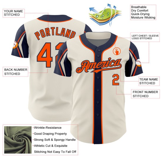 Jersey Orange-Navy Baseball Cream Authentic Custom Shapes Colors 3 Arm