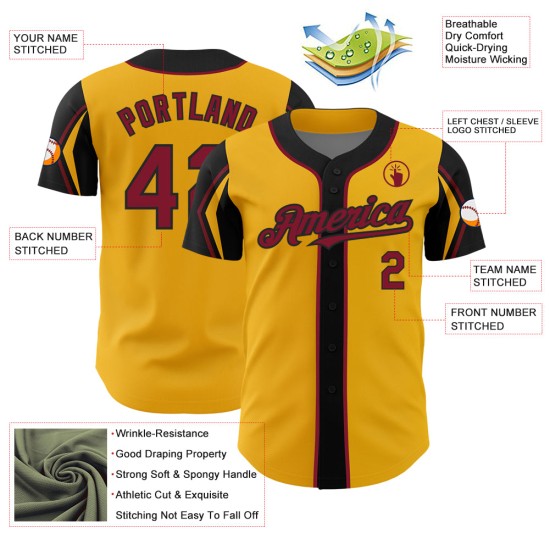 Custom Jersey 3 Gold Arm Authentic Shapes Crimson-Black Colors Baseball
