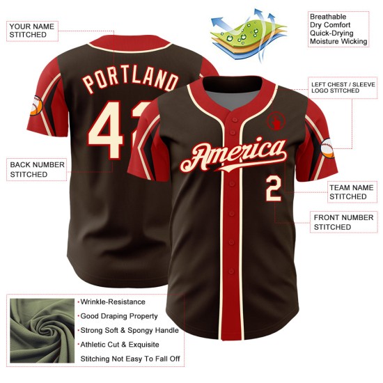 Baseball Cream-Red Arm Custom Authentic Brown Jersey 3 Shapes Colors