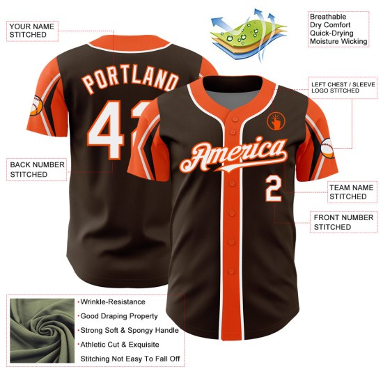 White-Orange Colors Baseball Custom Jersey Authentic Shapes 3 Arm Brown