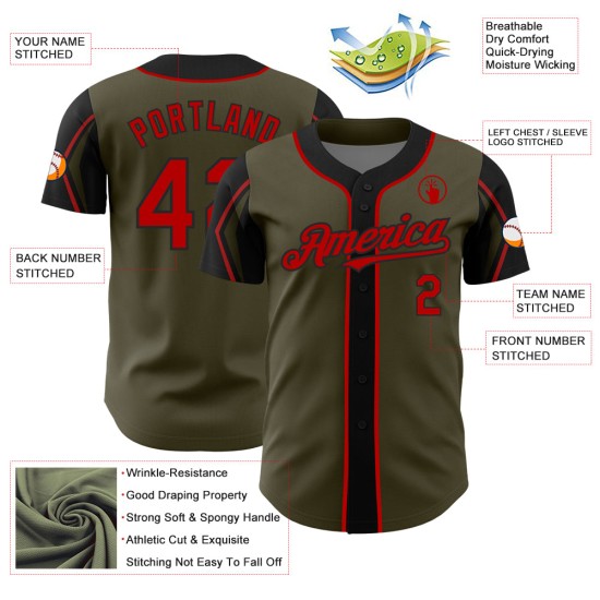 Arm 3 Shapes Baseball Salute Jersey Authentic To Red-Black Olive Colors Custom Service Arm 3 Shapes Baseball Salute Jersey Authentic To Red-Black Olive Colors Custom Service