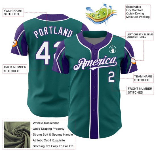 White-Purple Custom Baseball 3 Colors Authentic Arm Shapes Jersey Teal