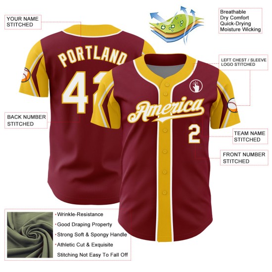 Crimson Baseball 3 Arm Shapes White-Yellow Jersey Authentic Colors Custom