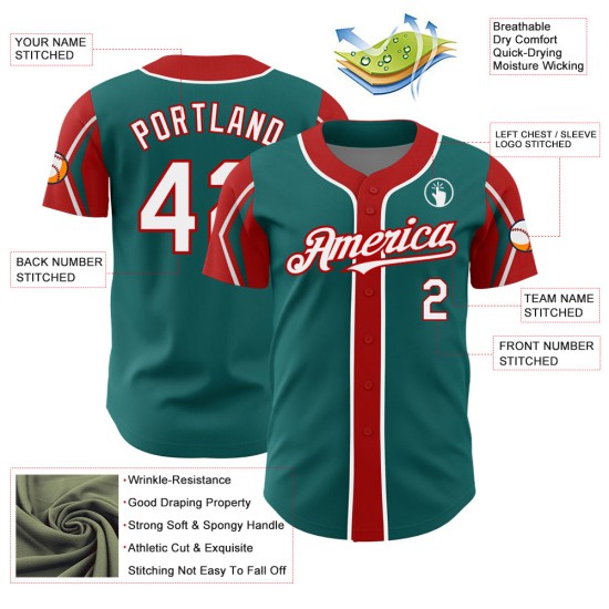 Shapes Arm Baseball Jersey Authentic White-Red Teal 3 Colors Custom