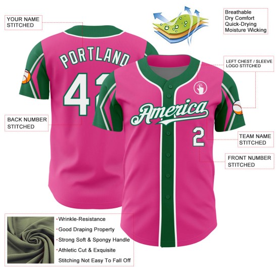 Jersey Pink Custom White-Kelly Colors Authentic Baseball 3 Shapes Green Arm