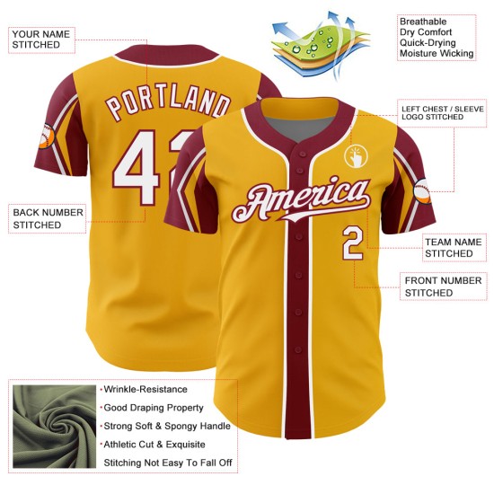Custom 3 Baseball White-Crimson Shapes Gold Jersey Arm Authentic Colors