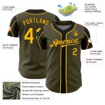 3 Custom Authentic Colors Service To Shapes Salute Arm Gold-Black Baseball Jersey Olive 3 Custom Authentic Colors Service To Shapes Salute Arm Gold-Black Baseball Jersey Olive