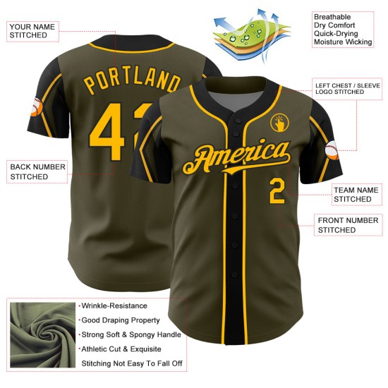 3 Custom Authentic Colors Service To Shapes Salute Arm Gold-Black Baseball Jersey Olive 3 Custom Authentic Colors Service To Shapes Salute Arm Gold-Black Baseball Jersey Olive