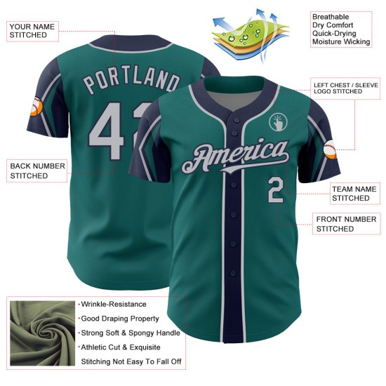 3 Custom Jersey Baseball Teal Colors Arm Shapes Gray-Navy Authentic