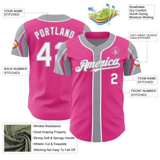 Custom Authentic Colors Jersey Baseball Pink White-Gray Arm Shapes 3