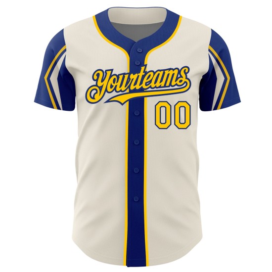 Custom Baseball 3 Shapes Colors Yellow-Royal Arm Authentic Cream Jersey