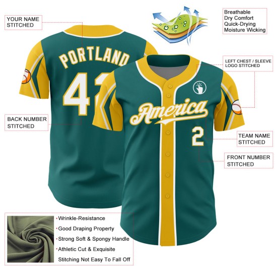 3 Baseball Jersey Colors White-Yellow Shapes Arm Teal Custom Authentic