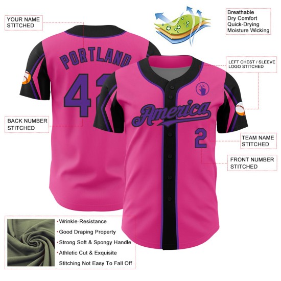 Custom 3 Authentic Arm Colors Shapes Purple-Black Baseball Pink Jersey