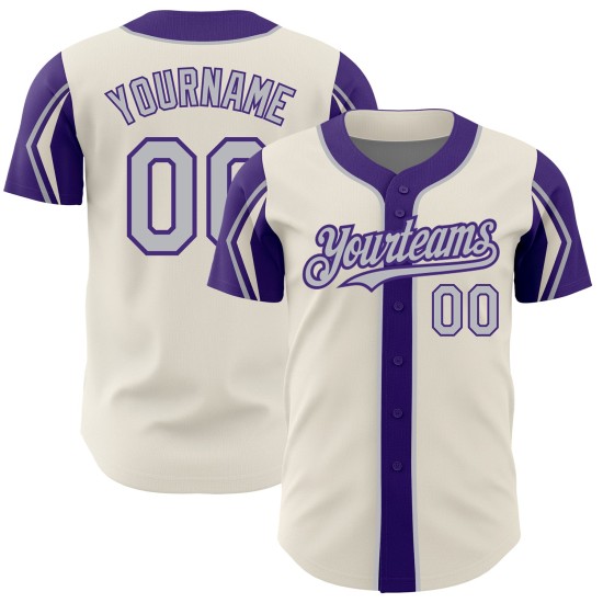 3 Arm Baseball Colors Custom Jersey Cream Authentic Gray-Purple Shapes 3 Arm Baseball Colors Custom Jersey Cream Authentic Gray-Purple Shapes