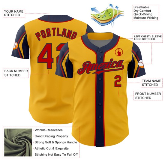Custom Authentic Shapes Gold Red-Navy Jersey Arm Colors Baseball 3