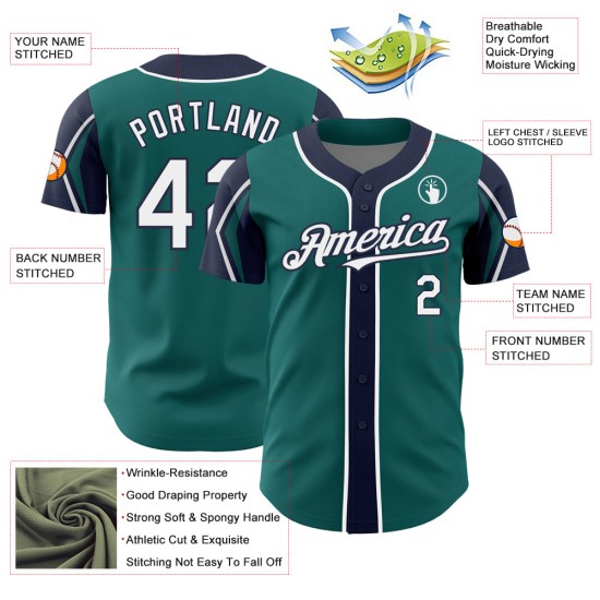 Baseball Shapes Custom Arm Colors White-Navy Teal Authentic Jersey 3