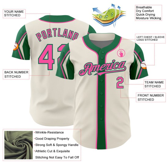 Green Jersey Pink-Kelly Authentic Baseball 3 Custom Cream Shapes Colors Arm