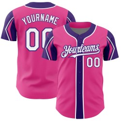 White-Purple Custom Authentic Shapes Arm 3 Pink Colors Baseball Jersey
