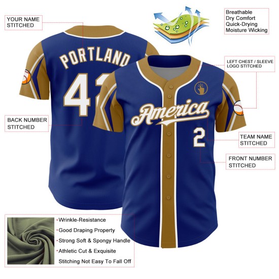 Custom Jersey Arm 3 White-Old Authentic Baseball Royal Shapes Colors Gold