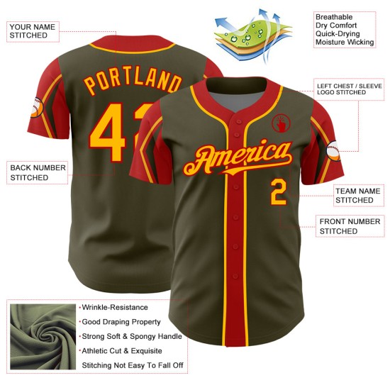 Colors Salute Olive Shapes Authentic Custom Jersey Baseball Service To 3 Arm Gold-Red