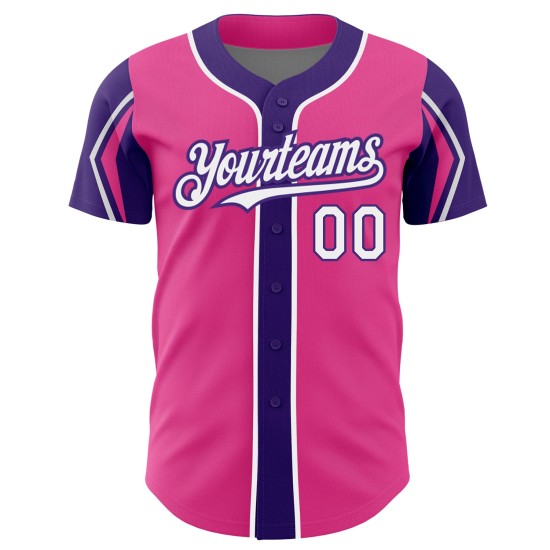 White-Purple Custom Authentic Shapes Arm 3 Pink Colors Baseball Jersey