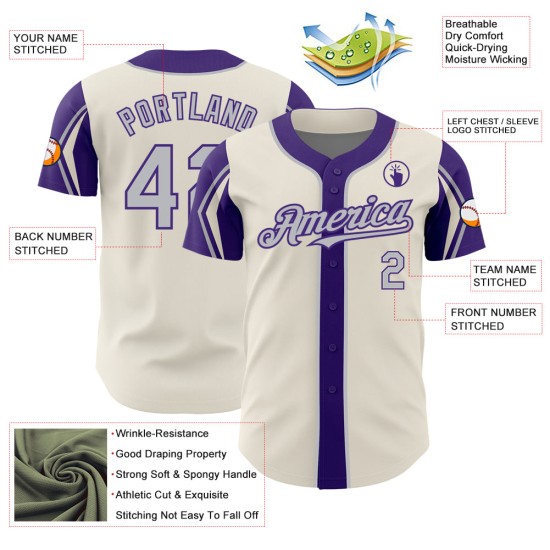 3 Arm Baseball Colors Custom Jersey Cream Authentic Gray-Purple Shapes 3 Arm Baseball Colors Custom Jersey Cream Authentic Gray-Purple Shapes
