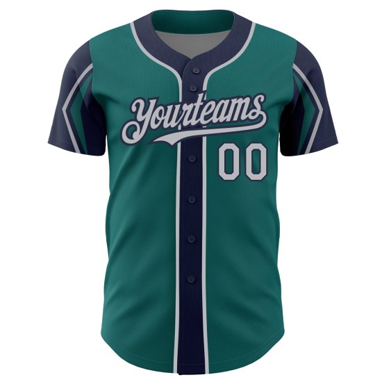 3 Custom Jersey Baseball Teal Colors Arm Shapes Gray-Navy Authentic