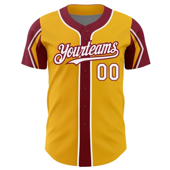 Custom 3 Baseball White-Crimson Shapes Gold Jersey Arm Authentic Colors