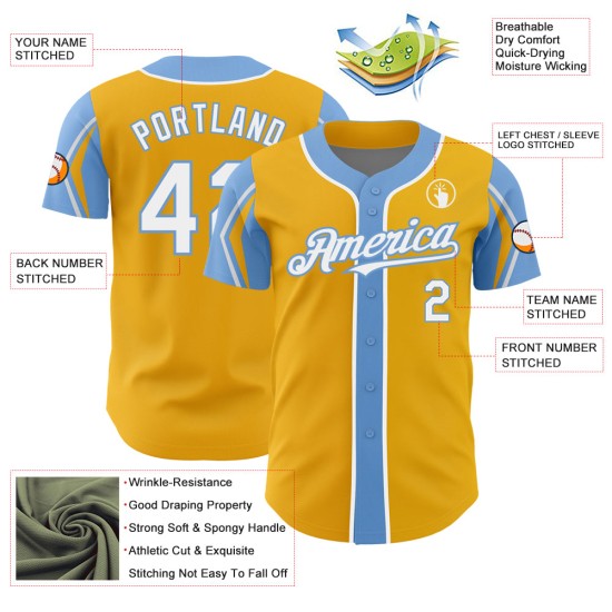 Jersey Baseball Arm White-Light 3 Blue Authentic Custom Colors Gold Shapes