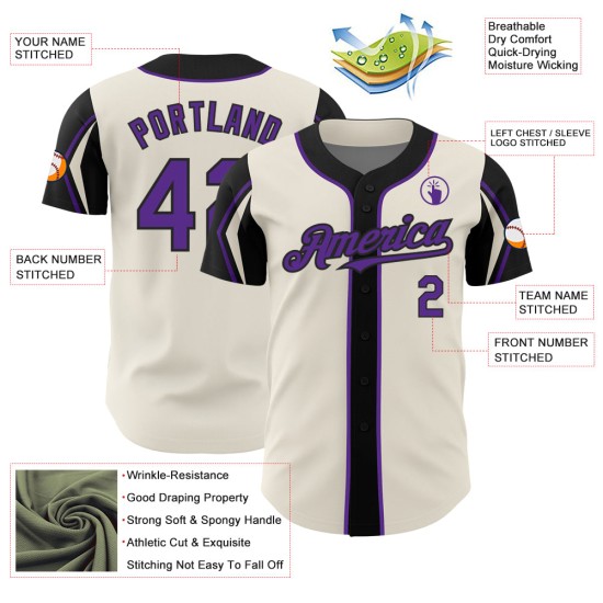 Jersey Authentic Cream Purple-Black Colors Shapes Custom 3 Baseball Arm